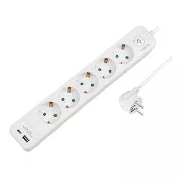 Regleta de enchufes LogiLink LPS280U, 5 tomas AC, 2 puertos USB (USB-A y USB-C), 17W, blanca