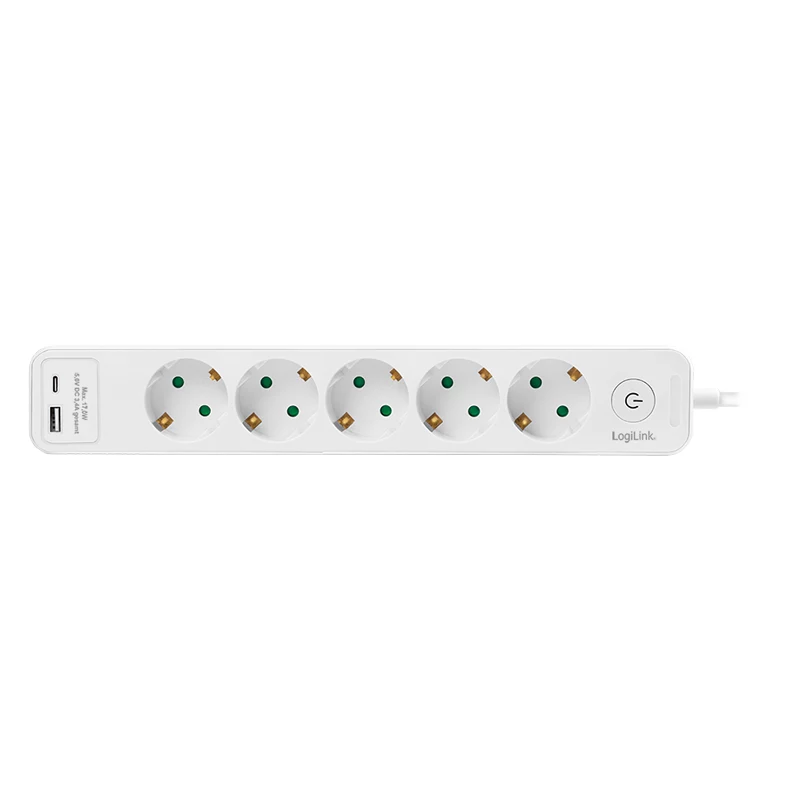 Regleta de enchufes LogiLink LPS280U, 5 tomas AC, 2 puertos USB (USB-A y USB-C), 17W, blanca