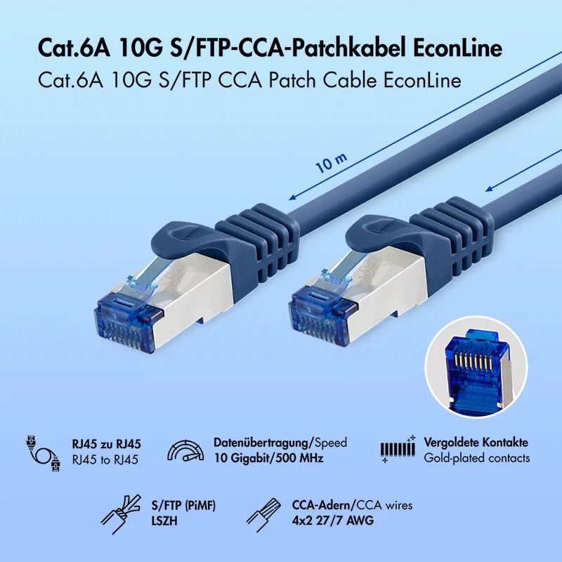 Cable de red EconLine Cat.6A S/FTP LogiLink, CCA, LSZH, azul, 10 m