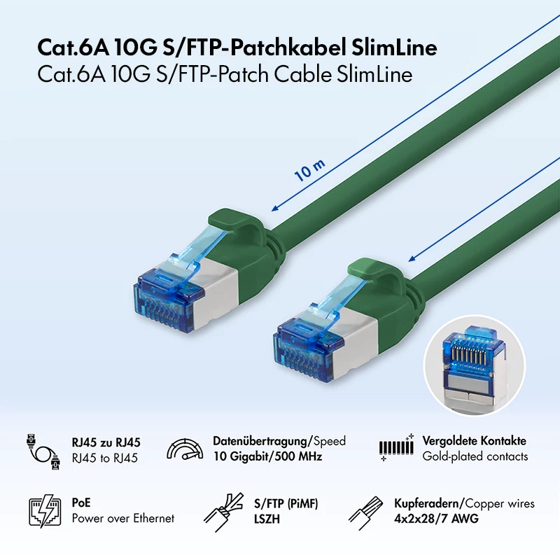 LogiLink SlimLine cable de conexión Cat.6A S/FTP LSZH, verde, 10 m