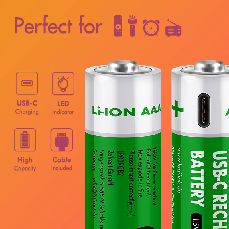 LogiLink LR03RCB2 pilas AAA Li-Ion recargables por USB-C, 1,5V, pack de 2