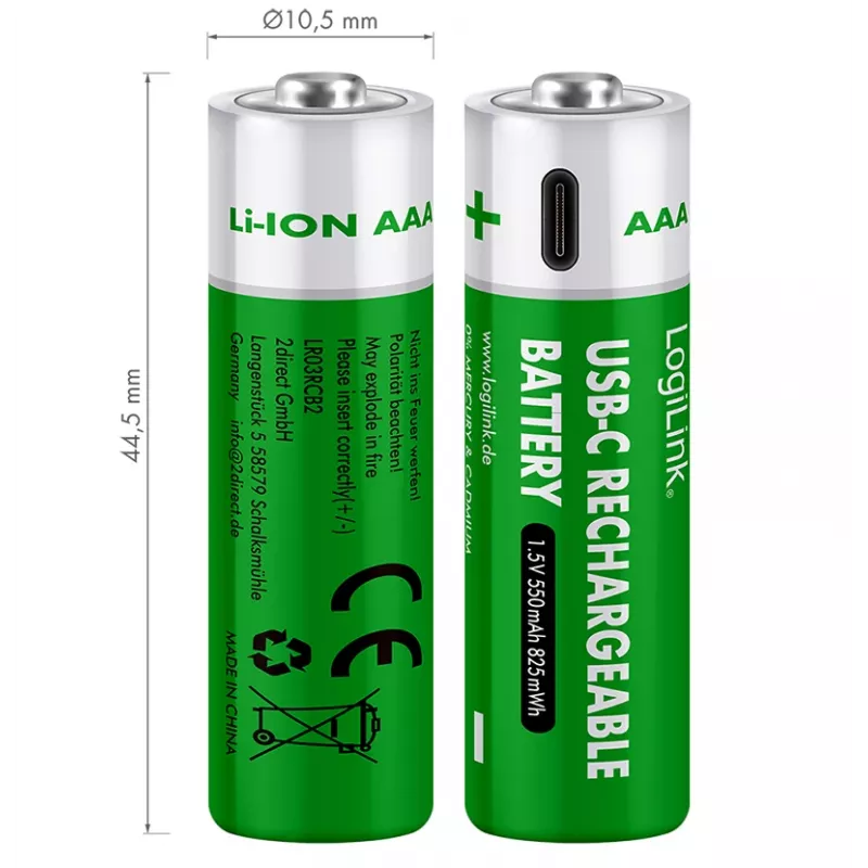 LogiLink LR03RCB2 pilas AAA Li-Ion recargables por USB-C, 1,5V, pack de 2