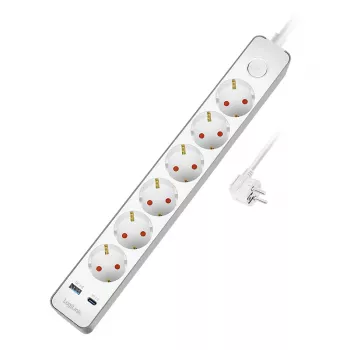 LogiLink regleta de enchufes con 6 tomas de seguridad, USB-A y USB-C PD 20W, interruptor basculante, 1,5 m, blanco