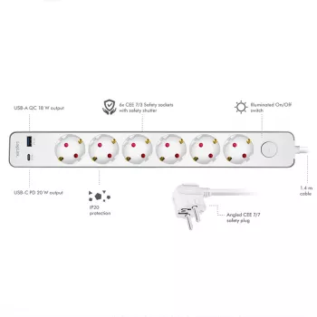 LogiLink regleta de enchufes con 6 tomas de seguridad, USB-A y USB-C PD 20W, interruptor basculante, 1,5 m, blanco