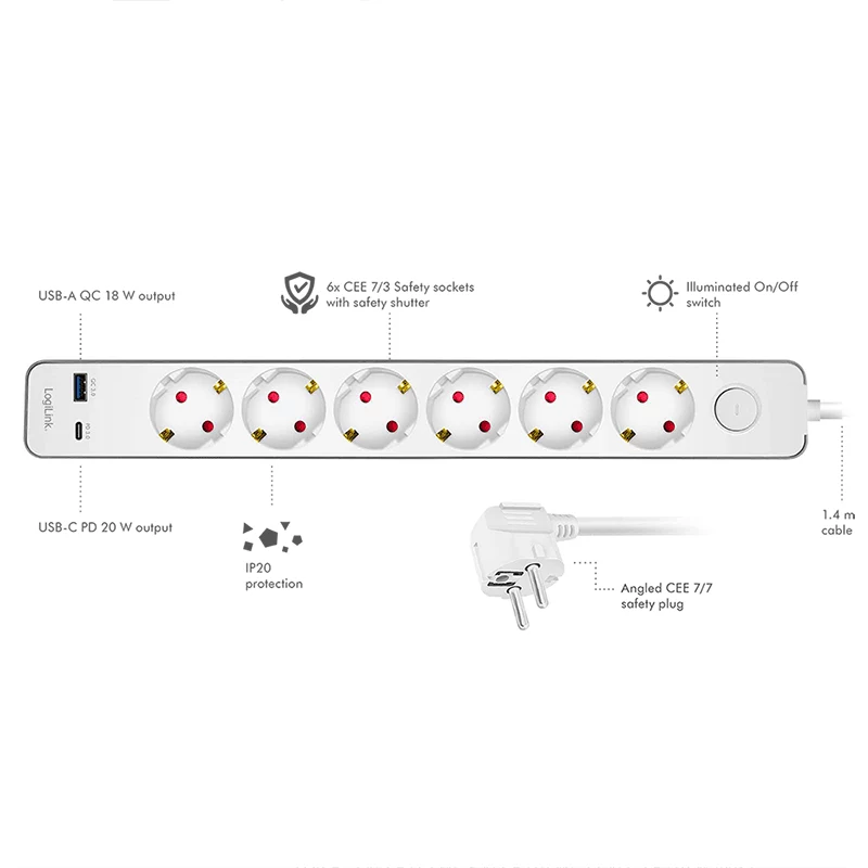 LogiLink regleta de enchufes con 6 tomas de seguridad, USB-A y USB-C PD 20W, interruptor basculante, 1,5 m, blanco