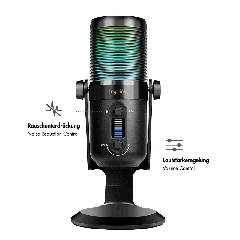 LogiLink micrófono de condensador USB con luz RGB, cardioide/patrón cardioide, 20 Hz - 20 kHz, negro (HS0059)