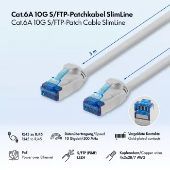 LogiLink Cable de red Cat.6A Slim S/FTP LSZH, gris, 5m, SlimLine