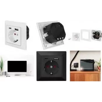 LogiLink PA0262B toma de pared con 1 enchufe Schuko, 1 cargador USB-A y 1 USB-C, negro