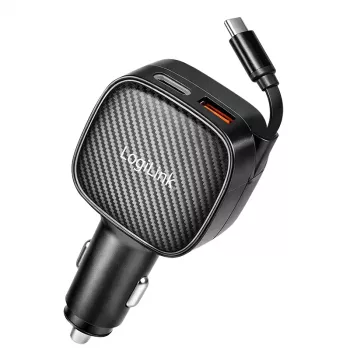 LogiLink cargador de coche USB, 3 puertos incl. cable USB-C retráctil, 60W, PD, QC, negro
