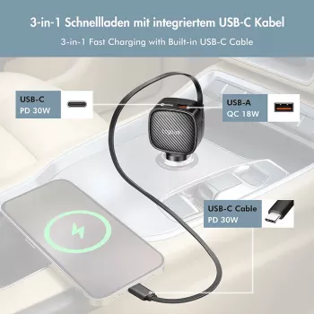 LogiLink cargador de coche USB, 3 puertos incl. cable USB-C retráctil, 60W, PD, QC, negro
