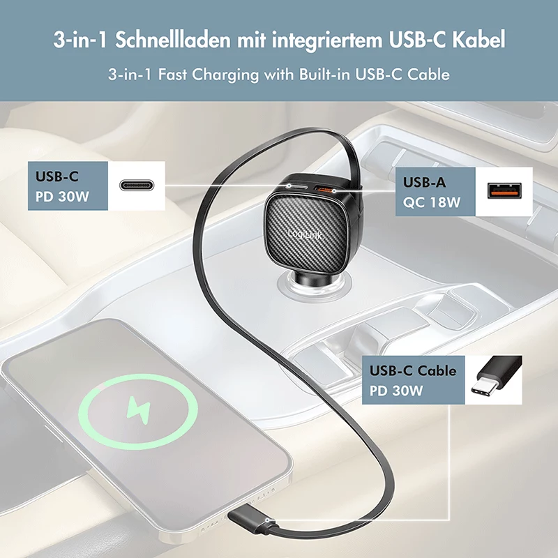 LogiLink cargador de coche USB, 3 puertos incl. cable USB-C retráctil, 60W, PD, QC, negro
