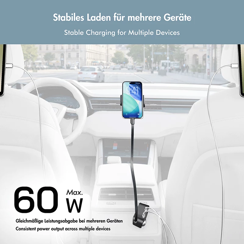 LogiLink cargador de coche USB, 3 puertos incl. cable USB-C retráctil, 60W, PD, QC, negro