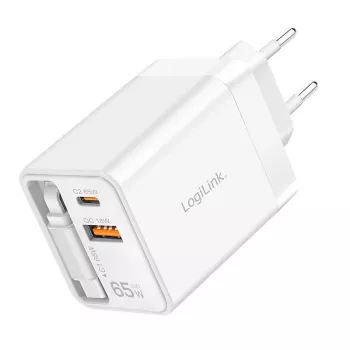LogiLink cargador USB-A/C 65 W GaN 3 puertos blanco con cable USB-C