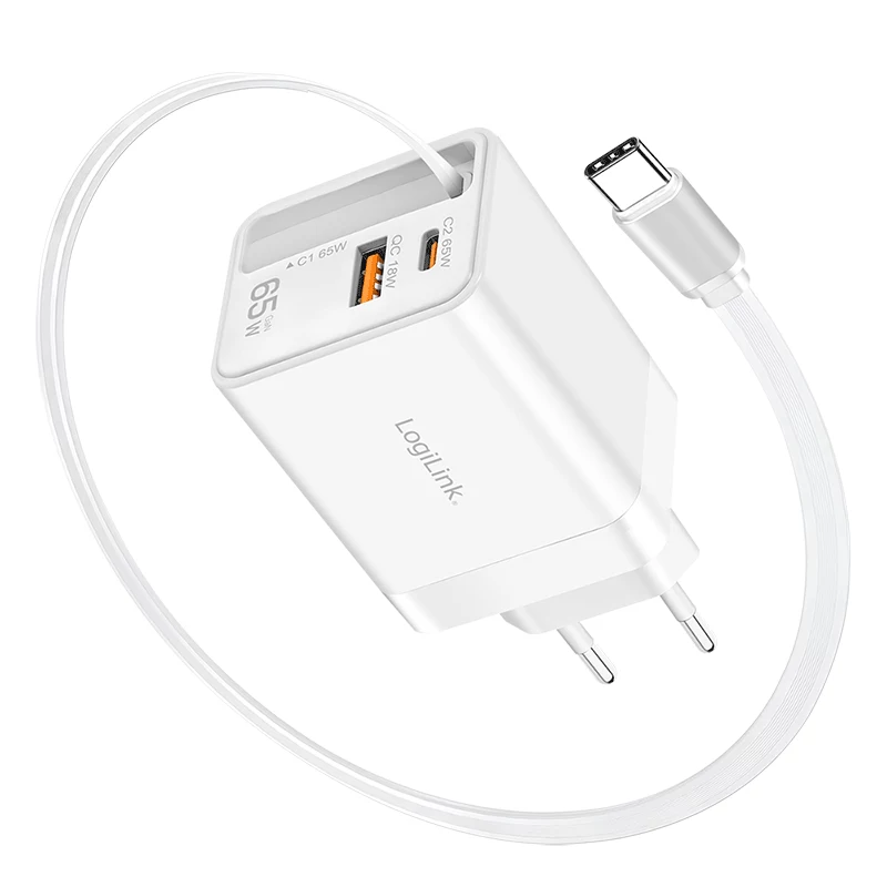 LogiLink cargador USB-A/C 65 W GaN 3 puertos blanco con cable USB-C