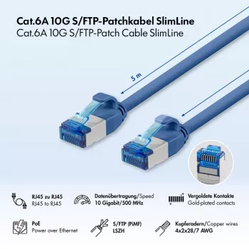 LogiLink Cable de red Cat.6A Slim S/FTP LSZH, azul, 5 m, SlimLine