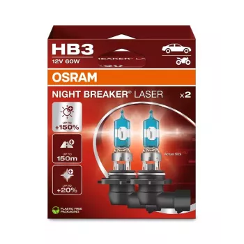 OSRAM Night Breaker Laser HB3 12V 60W P20d Lámpara halógena, pack doble, hasta un 150% más luminosa, conos de luz 150m más largos, luz un 20% más blanca