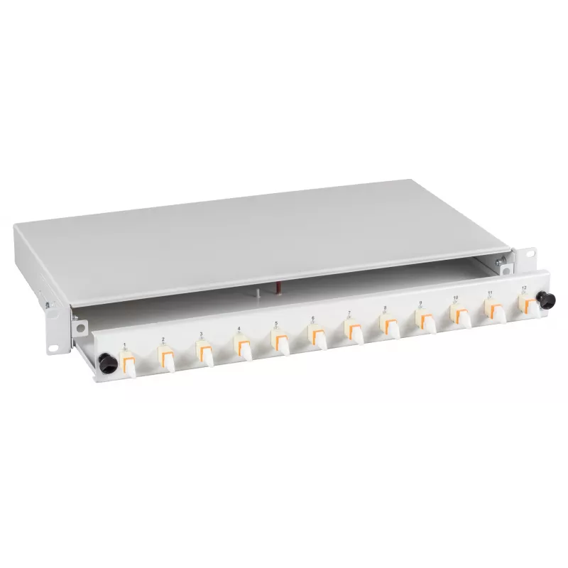 EFB Elektronik BA71533.24 Caja de empalme de fibra de 24 puertos E2000/APC monomodo para montaje en rack, 1U, OS2, con pigtails