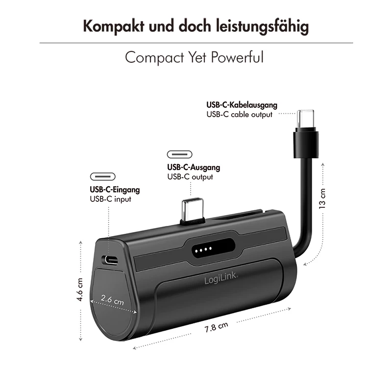 LogiLink Batería externa móvil, LiPo, 4500 mAh, conector USB-C integrado, negra
