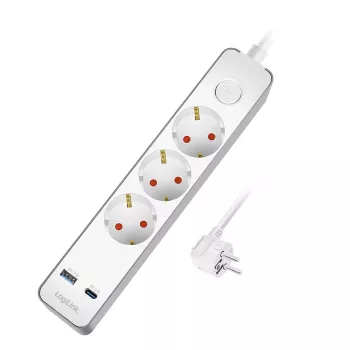 LogiLink LPS287U Regleta de enchufes con 3 tomas de seguridad, USB-A y USB-C PD 20W, interruptor basculante, cable de 1,5m, blanca