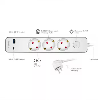 LogiLink LPS287U Regleta de enchufes con 3 tomas de seguridad, USB-A y USB-C PD 20W, interruptor basculante, cable de 1,5m, blanca