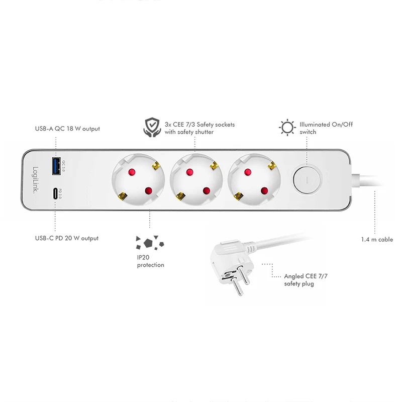 LogiLink LPS287U Regleta de enchufes con 3 tomas de seguridad, USB-A y USB-C PD 20W, interruptor basculante, cable de 1,5m, blanca