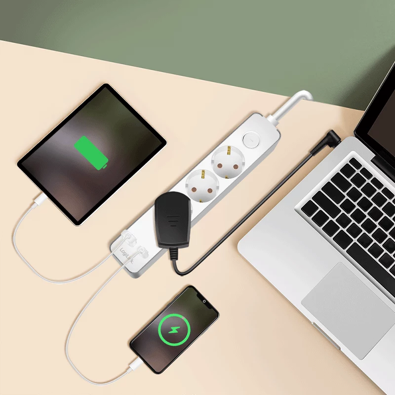 LogiLink LPS287U Regleta de enchufes con 3 tomas de seguridad, USB-A y USB-C PD 20W, interruptor basculante, cable de 1,5m, blanca
