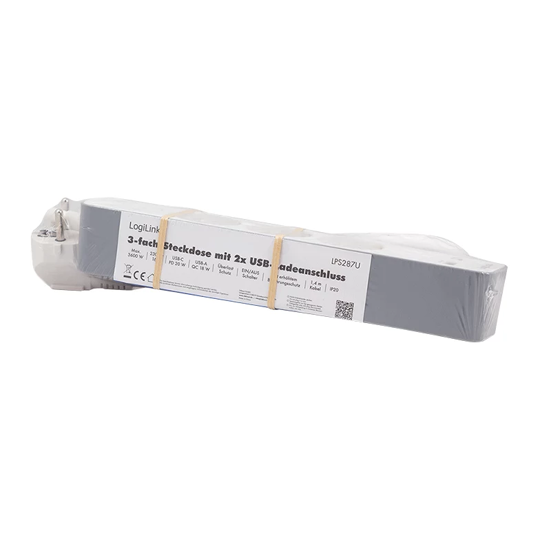 LogiLink LPS287U Regleta de enchufes con 3 tomas de seguridad, USB-A y USB-C PD 20W, interruptor basculante, cable de 1,5m, blanca