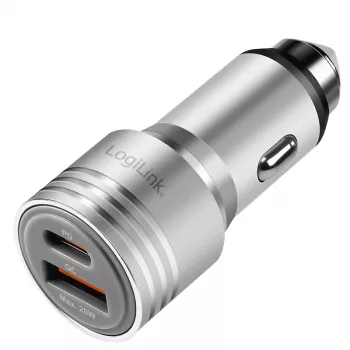 LogiLink Cargador de Coche USB, 2 Puertos, Carga Rápida 20W, Plata