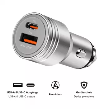 LogiLink Cargador de Coche USB, 2 Puertos, Carga Rápida 20W, Plata