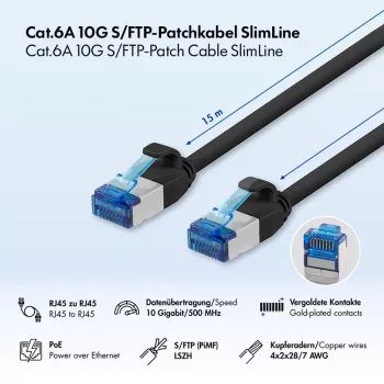 LogiLink Cable de Red Cat.6A Slim S/FTP LSZH, Negro, 15 m, SlimLine