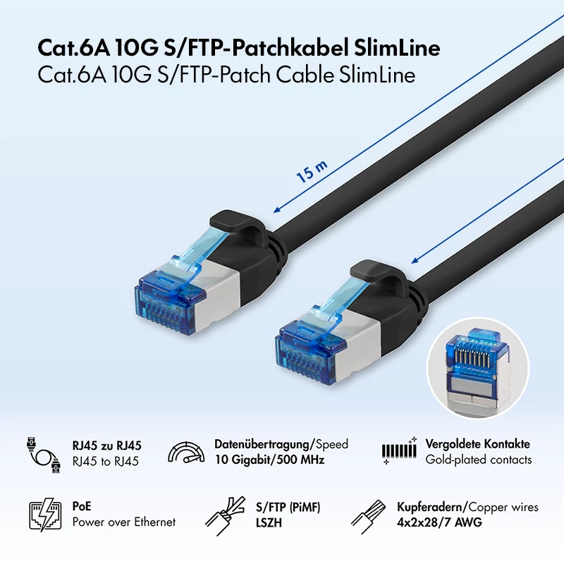 LogiLink Cable de Red Cat.6A Slim S/FTP LSZH, Negro, 15 m, SlimLine