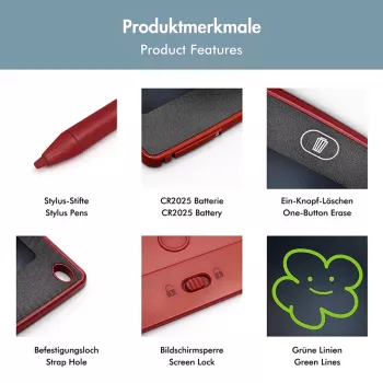 LogiLink Tableta de escritura LCD 8,5 pulgadas, roja, con 2 imanes