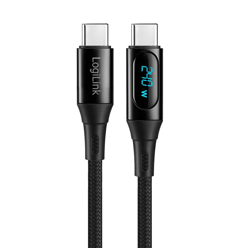 LogiLink cable USB 2.0 Type-C con indicador de potencia, C/M a C/M, 480 Mbps, 240W PD 3.1, nailon trenzado, negro, 1 m
