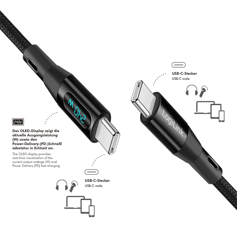 LogiLink cable USB 2.0 Type-C con indicador de potencia, C/M a C/M, 480 Mbps, 240W PD 3.1, nailon trenzado, negro, 1 m