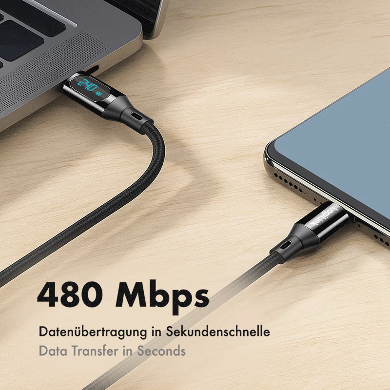 LogiLink cable USB 2.0 Type-C con indicador de potencia, C/M a C/M, 480 Mbps, 240W PD 3.1, nailon trenzado, negro, 1 m