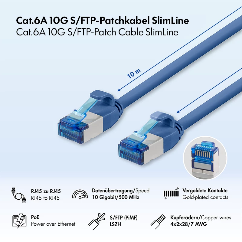 LogiLink cable de parcheo Cat.6A Slim S/FTP LSZH, 10 m, azul