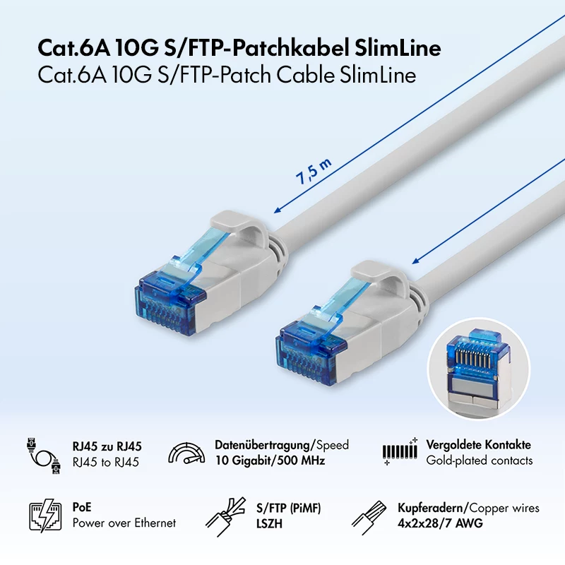 LogiLink cable de parcheo Cat.6A Slim S/FTP LSZH, gris, 7,5 m, SlimLine