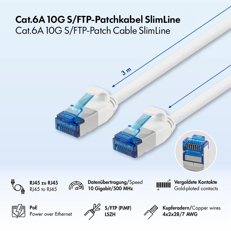 LogiLink cable de parcheo SlimLine Cat.6A S/FTP LSZH, blanco, 3 m