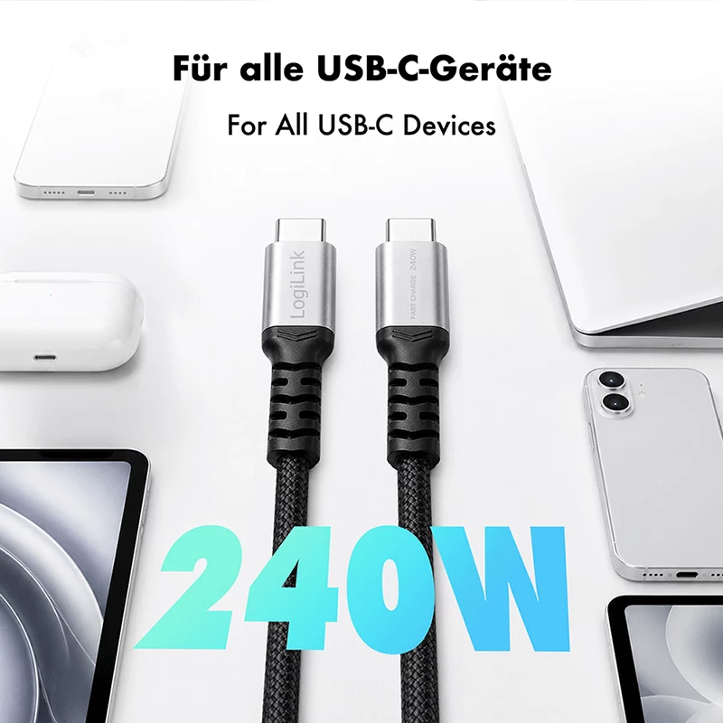 LogiLink cable USB 2.0 Type-C, C/M a C/M, 480 Mbps, 240W, nailon, metal, negro/plata, 0,5 m
