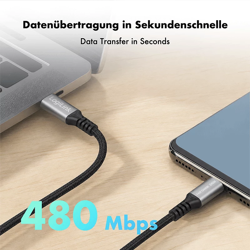LogiLink cable USB 2.0 Type-C, C/M a C/M, 480 Mbps, 240W, nailon, metal, negro/plata, 0,5 m