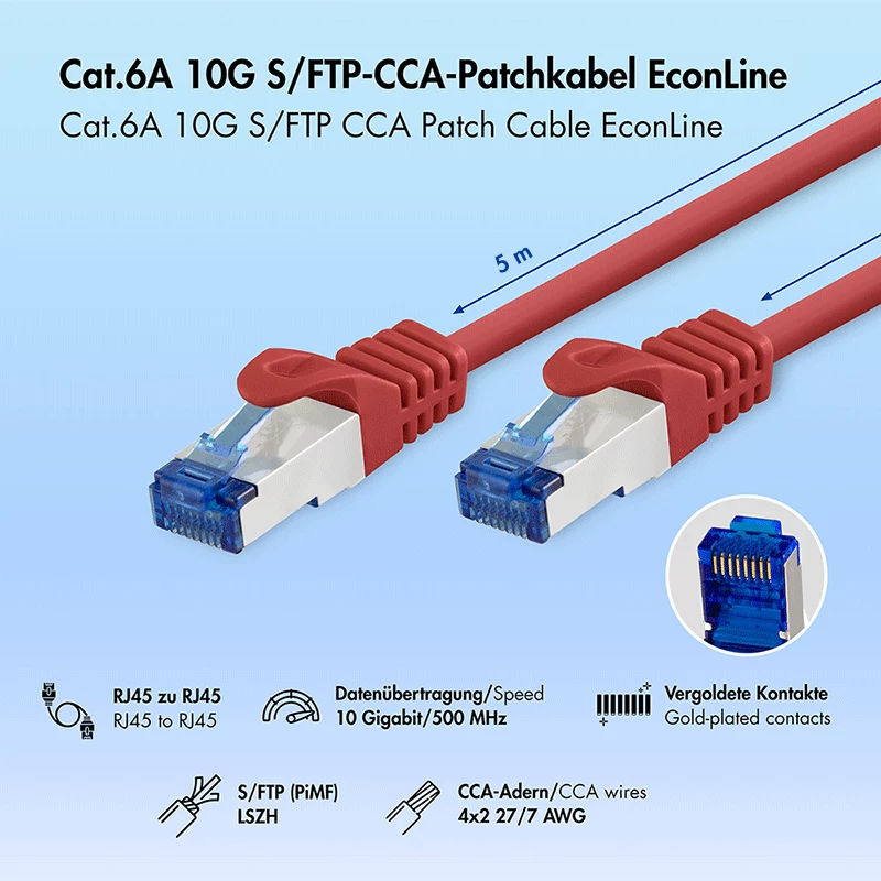 Cable patch LogiLink Cat.6A S/FTP LSZH, 5 m, Rojo, EconLine