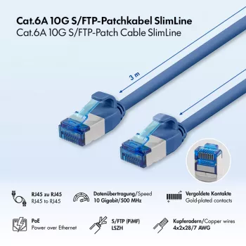 Cable patch LogiLink SlimLine Cat.6A S/FTP LSZH, Azul, 3 m