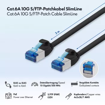 LogiLink cable de parcheo Cat.6A Slim S/FTP LSZH, negro, 3 m, SlimLine