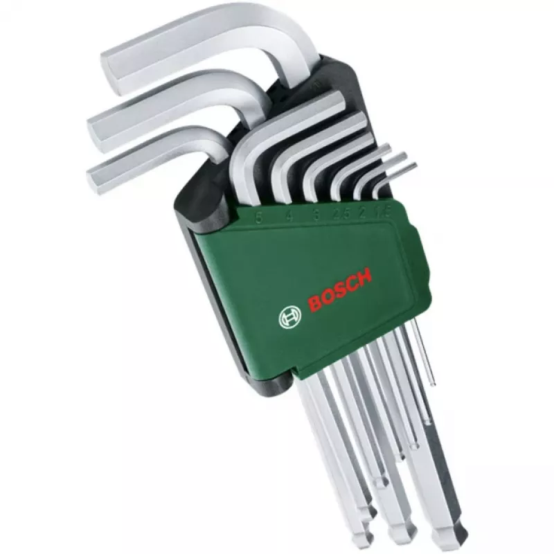 BOSCH juego de 9 llaves Allen con llaves en L codificadas por colores, punta esférica y función de retención, métrico 1,5-10 mm, acabado BlackLaser, soporte con clip