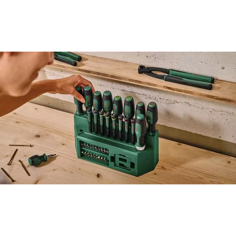 BOSCH juego mixto de 39 destornilladores con soporte, verde/negro