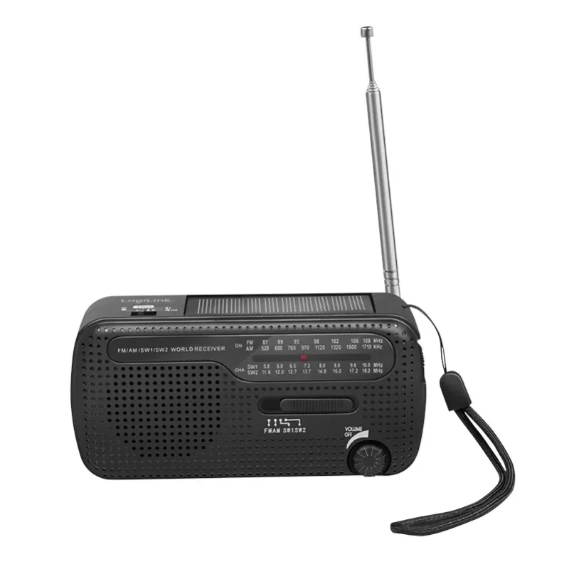 LogiLink radio de manivela Dynamo con panel solar, AM/FM, función de carga USB-C, linterna LED, alarma SOS, powerbank, negro