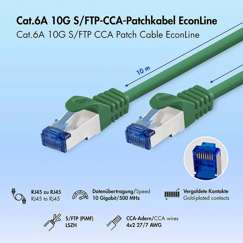 LogiLink Cat.6A S/FTP Cable de parcheo, CCA, verde, 10 m, EconLine