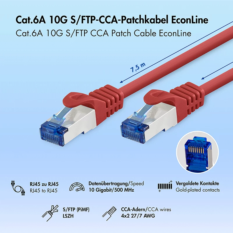 LogiLink Cat.6A S/FTP Cable de parcheo, CCA, rojo, 7,5m, EconLine