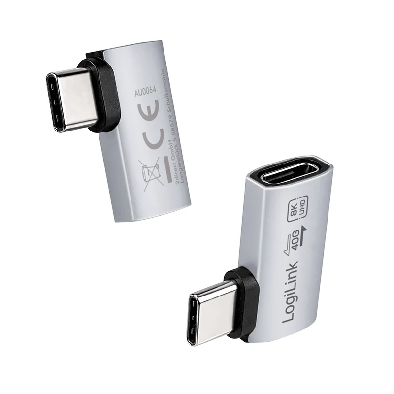 LogiLink adaptador USB4 Type-C 90°, C/M a C/H, 40 Gbit/s, 240W, 8K/60Hz, aluminio, plata