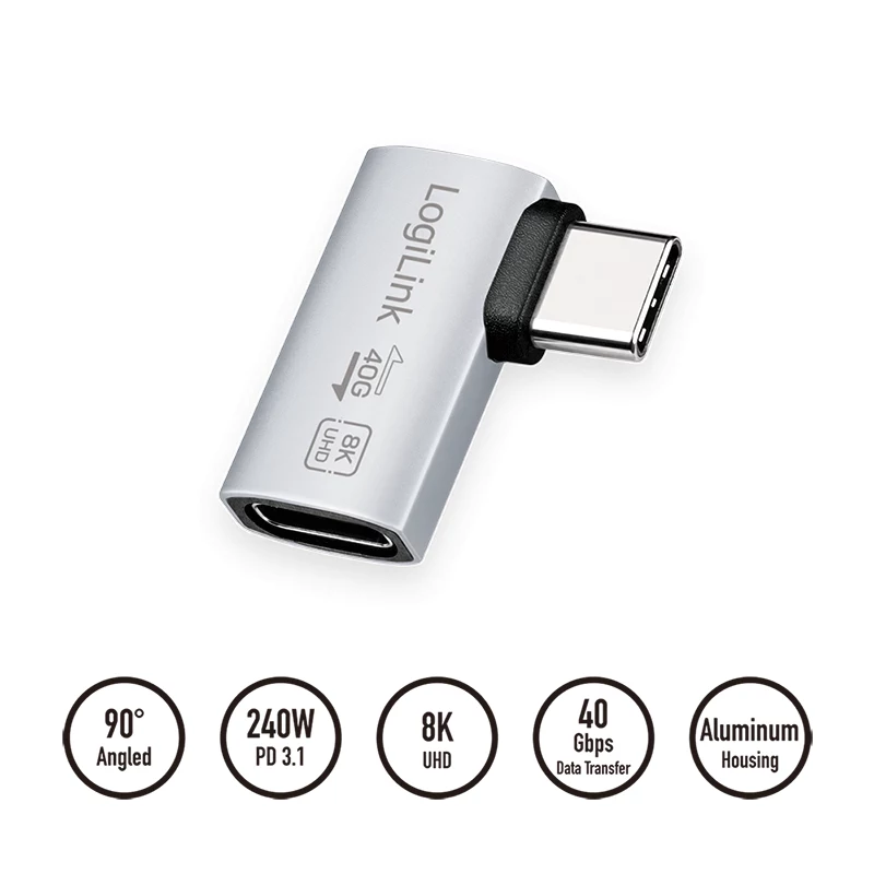 LogiLink adaptador USB4 Type-C 90°, C/M a C/H, 40 Gbit/s, 240W, 8K/60Hz, aluminio, plata
